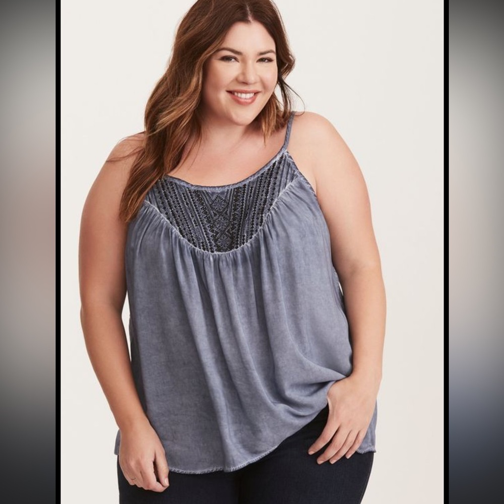 Torrid embroidered washed‎ challis denim tank top